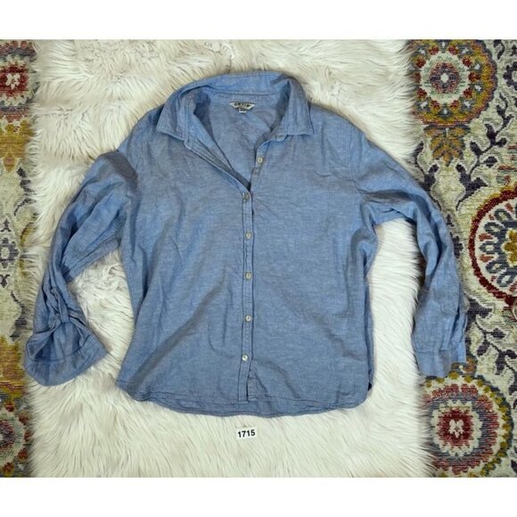 Orvis Button Front Shirt Women's XL Blue Linen Solid Long Sleeve Roll Tab Collar - Picture 1 of 6